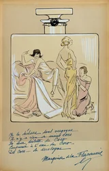 Karikatur av Coco Chanel (1883-1971) i en flaske Chanel No. 5, fra «Le Nouvel Monde», 1923